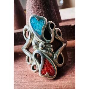 Taxco Sterling Silver Heart Ring Turquoise Coral Jewelry Size 8.5 925 Mexico
